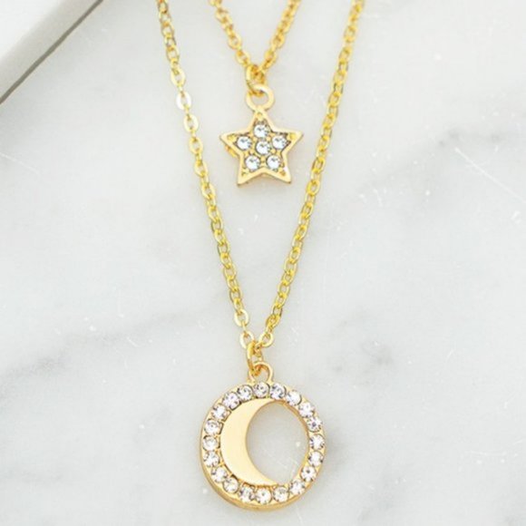 NEW Gold Moon Star Pendant Double Dainty Necklace - Picture 5 of 8
